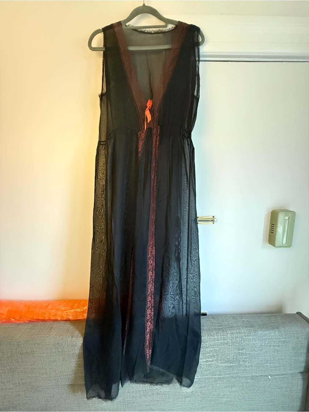 Vintage Black Sheer Maxi Slip Dress with Burgundy Lace  Trim